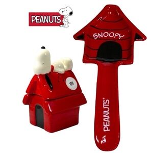Peanuts Snoopy Kitchen Set Salt Pepper with Spoon Rest Ceramic Bundle